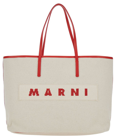 Marni 'small Janus' White Tote Bag With Logo Patch In Cotton Woman