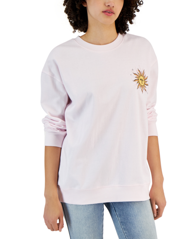 Rebellious One Juniors' Long-sleeve Crewneck Sun Graphic Sweatshirt In Festival Bloom