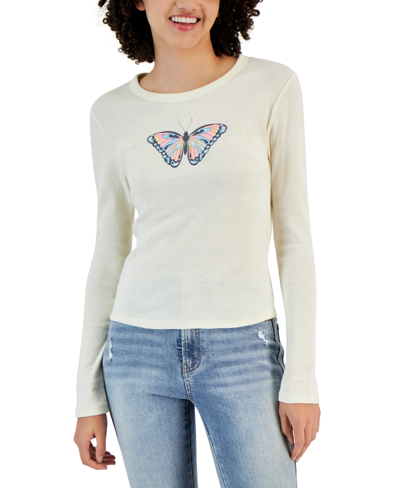 Rebellious One Juniors' Long-sleeve Crewneck Butterfly Graphic T-shirt In Antique White