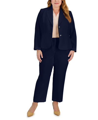 Le Suit Plus Size Notched-collar Blazer & High-rise Pant Suit In Midnight Navy