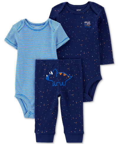 Carter's Baby Boys 3-pc. Stripe Short-sleeve Bodysuit, Waffle-knit Dinosaur-print Long-sleeve Bodysuit & Waff In Blue