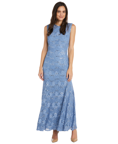 R & M Richards Petite Sequin Lace Gown In Dusty Blue