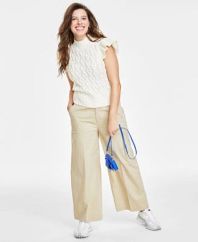 On 34th Womens Flutter Sleeve Cable Knit Sweater Wide Leg Chino Pants Created For Macys In Alabaster