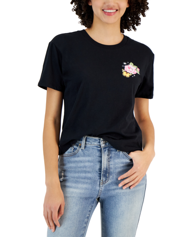 Rebellious One Juniors' Short-sleeve Crewneck Rose Graphic T-shirt In Black