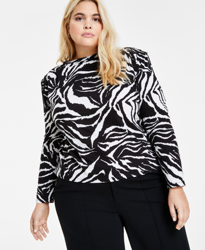 Bar Iii Plus Size Printed Cotton Pleated-shoulder Top, Created For Macy's In Chelsea Zebra
