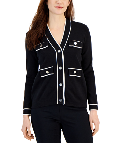 Anne Klein Petite Tipped Long-sleeve Faux-pocket Cardigan In Anne Black,anne White