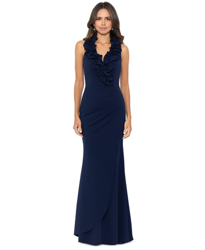 Xscape Women's Ruffled-v-neck Sleeveless Ruched Gown In Navy