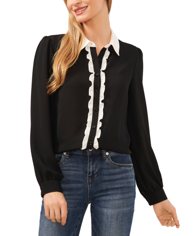 Cece Women's Collared Ruffled Button-front Blouse In Rich Black