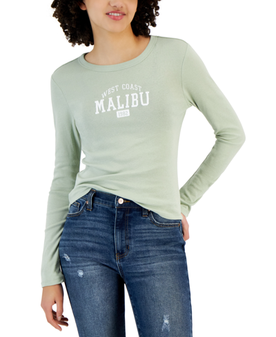 Rebellious One Juniors' Long-sleeve Crewneck Malibu Graphic T-shirt In Desrt Sage
