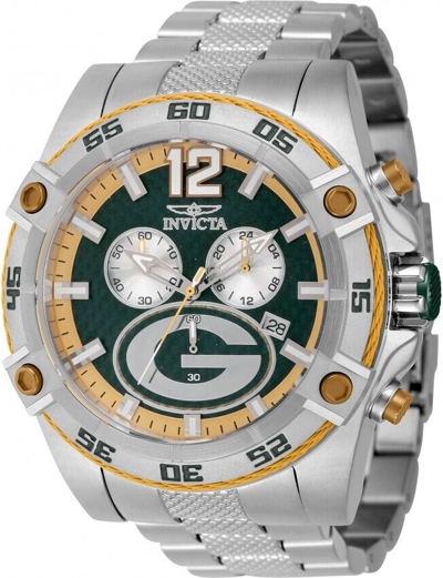Pre-owned Invicta Nfl Green Bay Packers Multicolor Bezel Chronograph Quartz Men's Ss Watch
