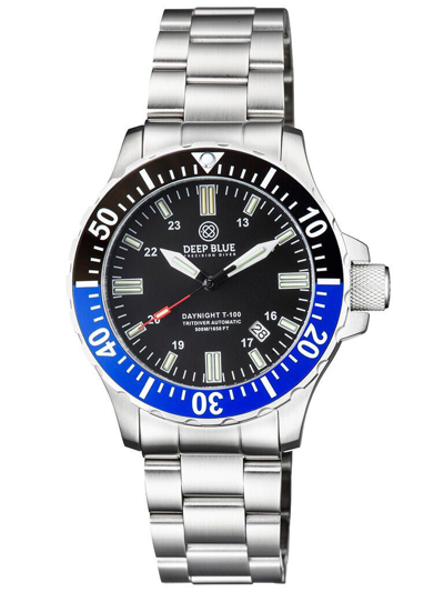 Pre-owned Deep Blue Daynight 45 Tritdiver T-100 Automatic Diver Watch Black/blue Bezel