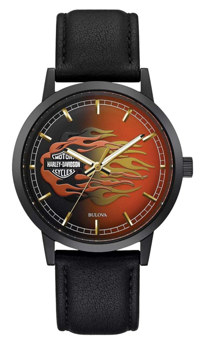 Pre-owned Harley-davidson Men's Flames Embody B&s Stainless Steel Case Leather Strap Watch