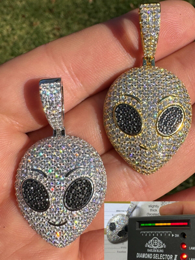 Pre-owned Hip Hop Real Moissanite Pendant Iced Alien Head Ufo Emoji Necklace 925 Silver / 14k Gold In White