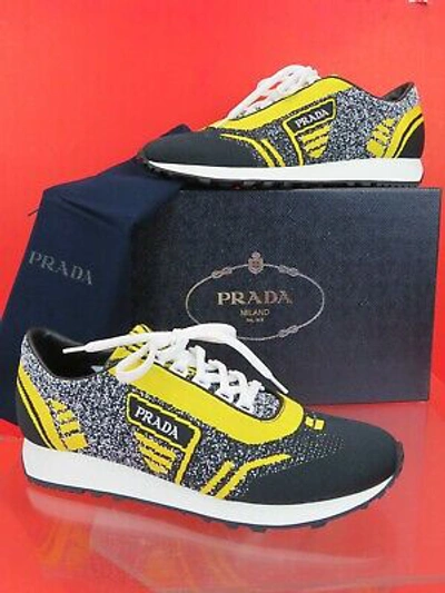 Pre-owned Prada 2eg272 Yellow Black Fabric Trainers Knit Logo Lace Up Sneakers 8 Us 9