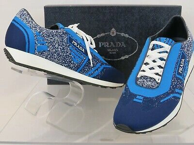 Pre-owned Prada 2eg272 Blue Fabric Trainers Knit Logo Lace Up Sneakers 9.5 Us 10.5 It