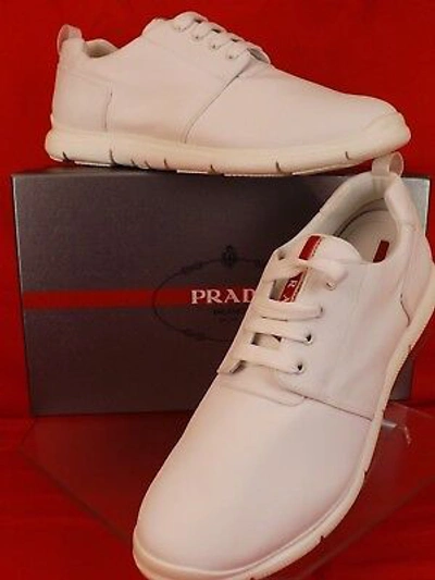 Pre-owned Prada 4e3055 Men's White Bianco Canvas Lace Up Logo Sneakers 10 Us 11 $625