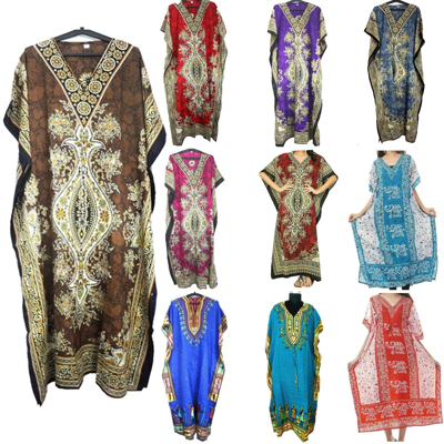 Pre-owned Handmade Long Kaftan Wholesale Lot One Size Maxi Dress Beach Caftan Poncho Night Dress In Multicolor