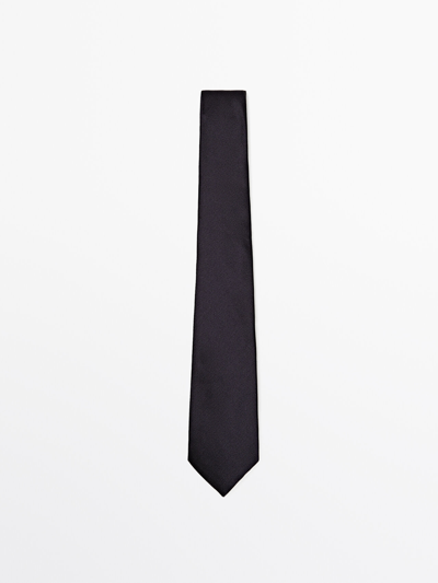 Massimo Dutti 100% Silk Textured Tie In Navy Blue