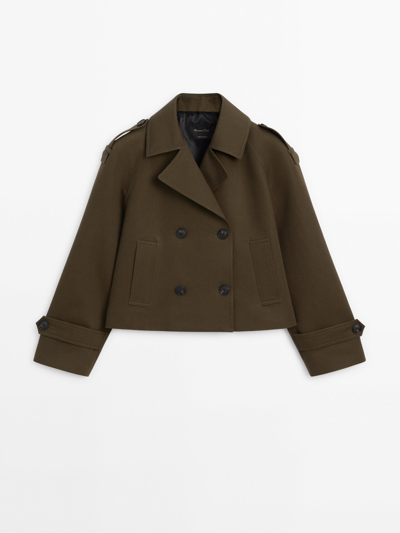 Massimo Dutti 2-layer Double-breasted Cropped Trench Coat In Khaki