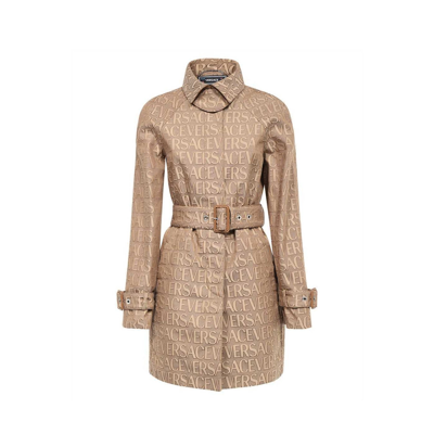 Versace Logo Trench Coat In Brown/beige