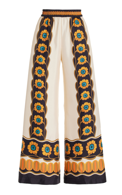 La Doublej La Double J Printed Silk Wide-leg Trousers In Beige