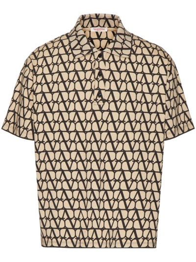 Valentino Short Sleeve Shirt With Iconograph Canvas Print In Beige Black