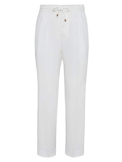 Brunello Cucinelli Men's Dyed Leisure Fit Trousers In Linen Gabardine In White