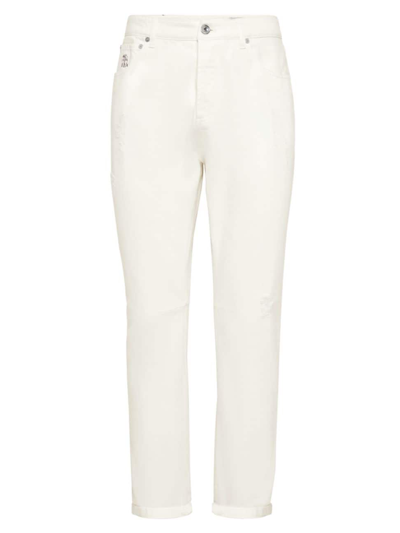Brunello Cucinelli Men's Garment Dyed Slubbed Denim Leisure Fit Five Pocket Trousers With Rips In Off White