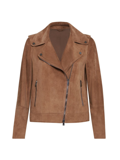 Brunello Cucinelli Women's Suede Biker Jacket With Monili In Brown