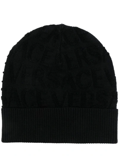 Versace All-over Logoed Wool Bean Hat In Black