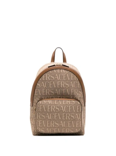 Versace Logo-jacquard Canvas Leather-trim Backpack In Brown