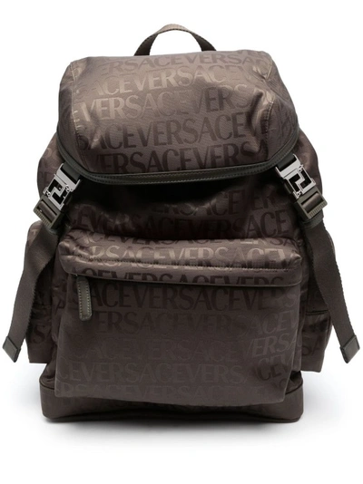 Versace Khaki Allover Jacquard Backpack In Brown