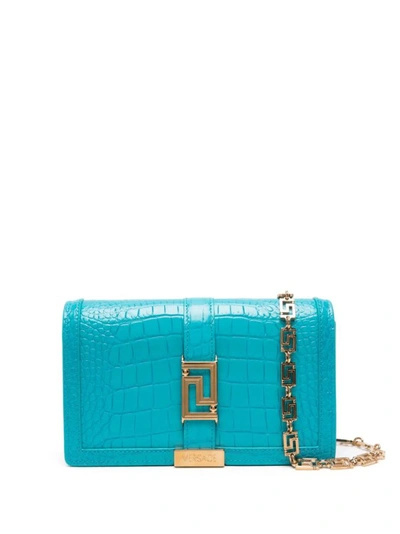 Versace Mini Goddess Leather Bag In Blue
