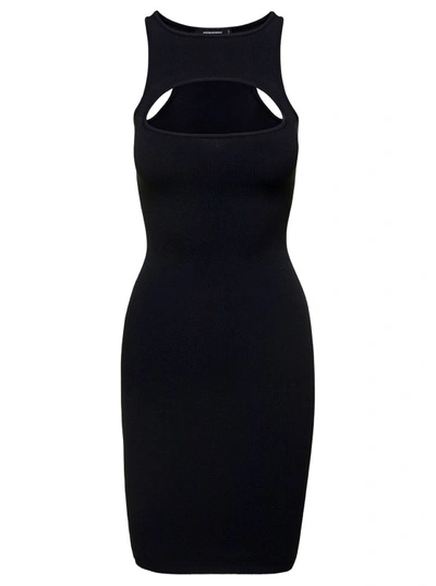 DSQUARED2 MINI BLACK SLEEVELESS RIBBED DRESS WITH CUT-OUT DETAIL IN VISCOSE BLEND