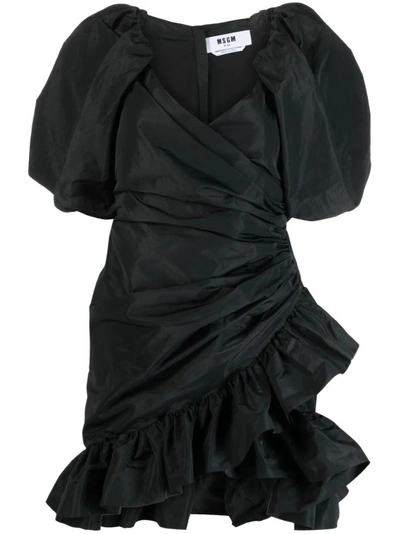 Msgm Mini Black Dress With Puff Sleeves And All-over Gatherings In Taffeta Woman