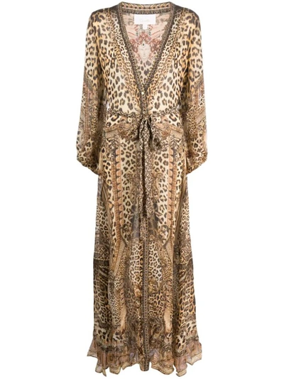 Camilla Animal-print Silk Waist-tie Long Kaftan In Brown