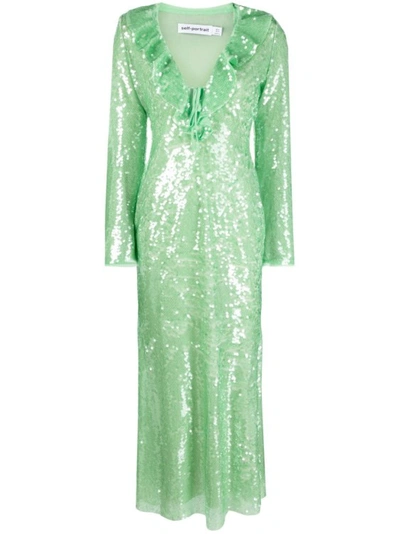 Self-portrait Sequin-embellished V-neck Midi Dress In Green