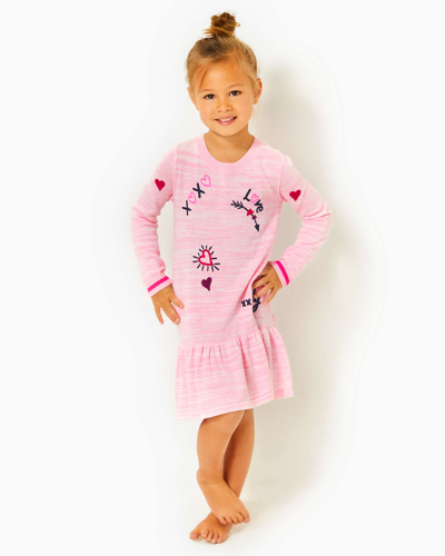 Lilly Pulitzer Girls Hani Cotton Sweater Dress In Heathered Peony Pink Valentine Embroidery Childrens