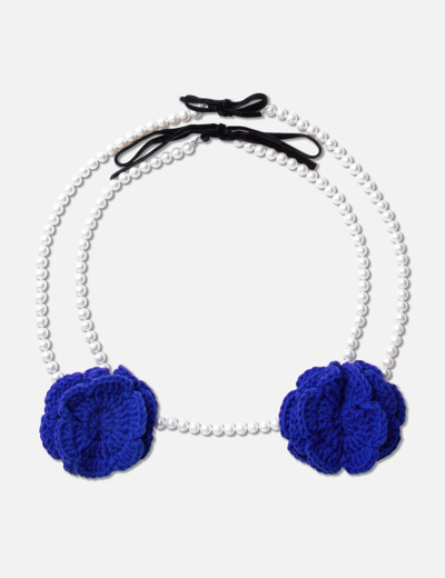 Pushbutton Crochet Pearl Bra Necklace In Blue