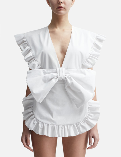 Pushbutton Ribbon Ruffle Bodysuit In White
