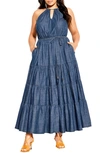 City Chic Hamptons Tie Waist Tiered Maxi Dress In Dark Denim