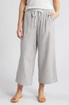 Caslon Stripe Drawstring Wide Leg Linen Blend Pants In Olive- White Brianne Stripe