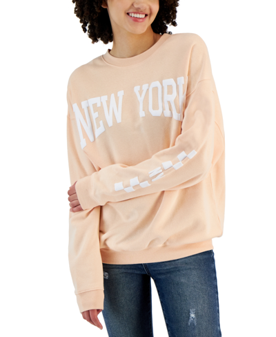 Grayson Threads, The Label Juniors' Crewneck Long-sleeve New York Sweatshirt In Peach
