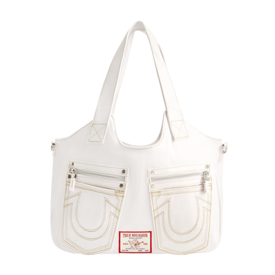 True Religion Horseshoe Stitch Dark Navy Satchel In White