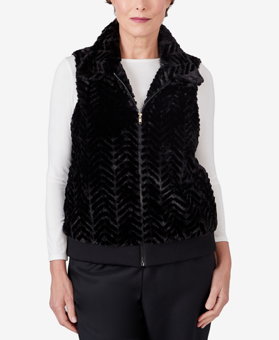 Alfred Dunner Plus Size Park Place Zip Up Faux Fur Vest With Knit Back In Ebony