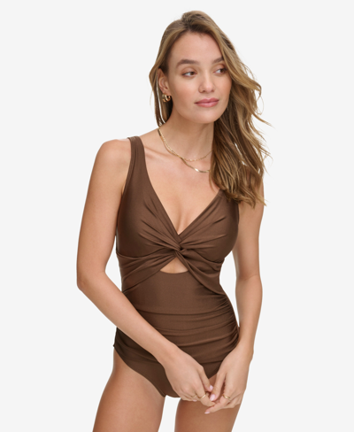 Dkny Women's Shirred Keyhole Detail One-piece Swimsuit In Mocha Shimmer