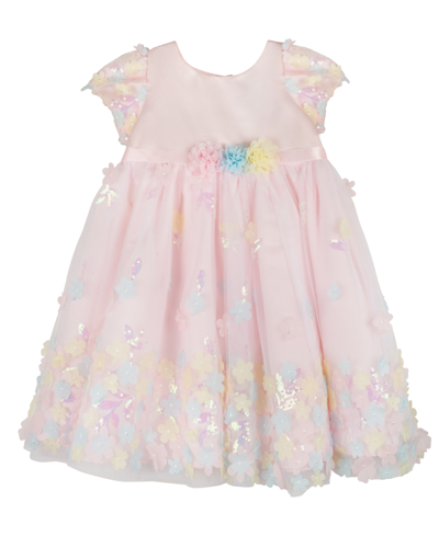 Rare Editions Baby Girls Short Sleeves Iridescent 3d Floral Social Dress In Blush