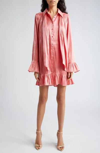 Cinq À Sept Iva Metallic Tie Neck Long Sleeve Shirtdress In Ardent Coral