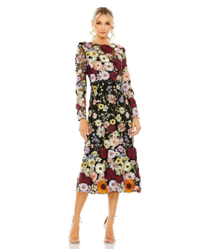 Mac Duggal Hand Stitched Floral Embellished High Neck A-line Dress In Black Multi