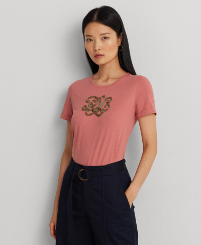 Lauren Ralph Lauren Women's Beaded-logo Cotton-blend-jersey Tee In Pink Mahogany